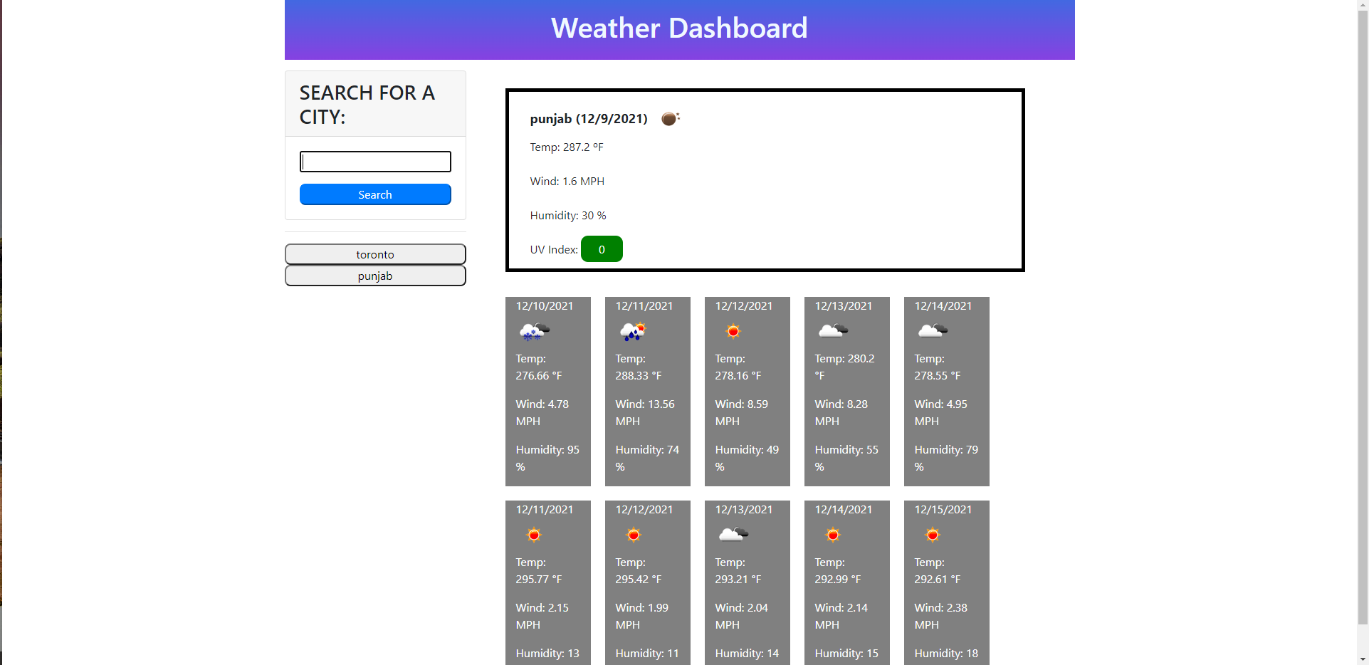 Image of weather dash website